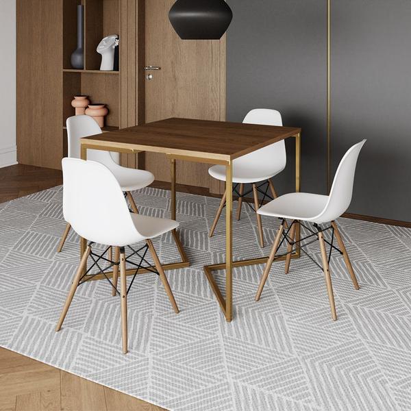 Imagem de Mesa Jantar Industrial Quadrada 90cm Amêndoa Base V Dourada com 4 Cadeiras Eames Eiffel Madeira Bran