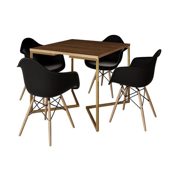 Imagem de Mesa Jantar Industrial Quadrada 90cm Amêndoa Base V Dourada com 4 Poltronas Eames Eiffel Daw Madeira