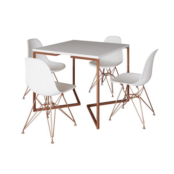 Imagem de Mesa Jantar Industrial Quadrada 90cm Branca Base Cobre V com 4 Cadeiras Brancas Eames Eiffel Pés Cob