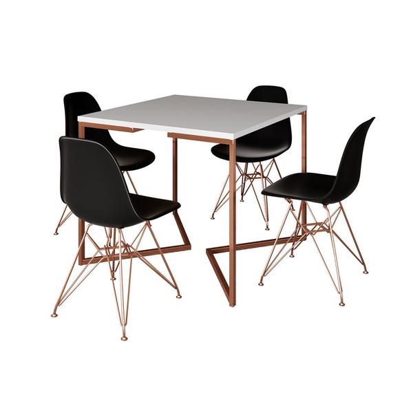 Imagem de Mesa Jantar Industrial Quadrada 90cm Branca Base Cobre V com 4 Cadeiras Pretas Eames Eiffel Pés Cobr