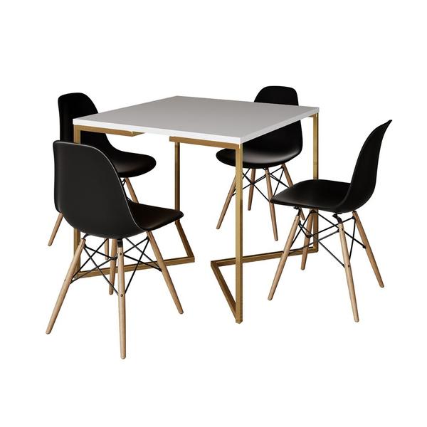 Imagem de Mesa Jantar Industrial Quadrada 90cm Branca Base V Dourada com 4 Cadeiras Eames Eiffel Madeira Preta