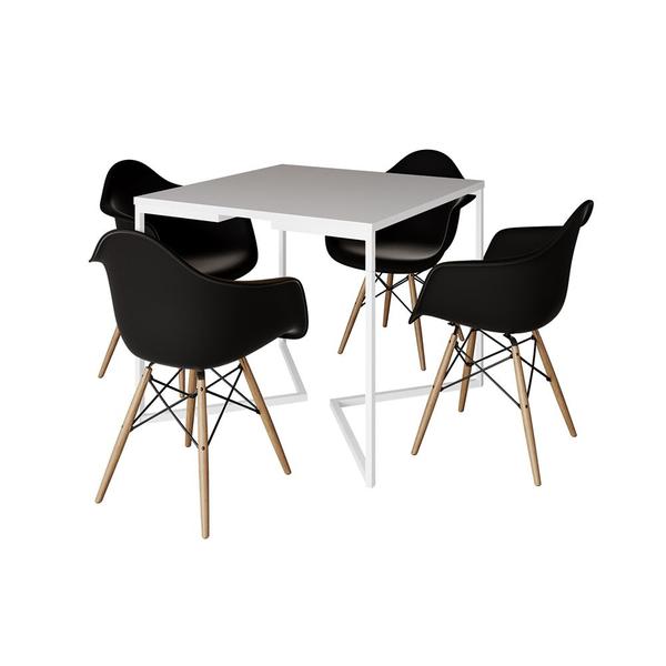 Imagem de Mesa Jantar Industrial Quadrada 90cm Branca Base V Ferro Branco com 4 Poltronas Eames Eiffel Pretas 