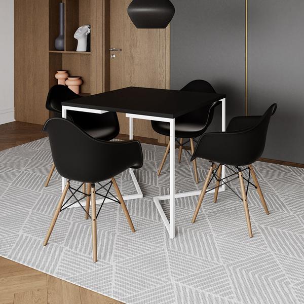 Imagem de Mesa Jantar Industrial Quadrada 90cm Preta Base V Ferro Branco com 4 Poltronas Eames Eiffel Pretas M