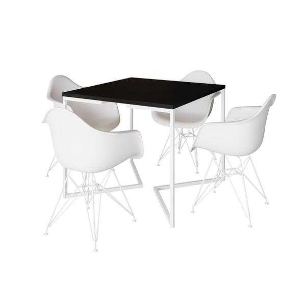 Imagem de Mesa Jantar Industrial Quadrada Preta 90cm Base V com 4 Poltronas Brancas Eames Eiffel Ferro Branco