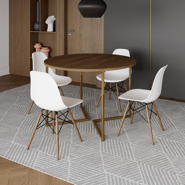 Imagem de Mesa Jantar Industrial Redonda 110cm Amêndoa Base V Dourada com 4 Cadeiras Eames Eiffel Madeira Bran