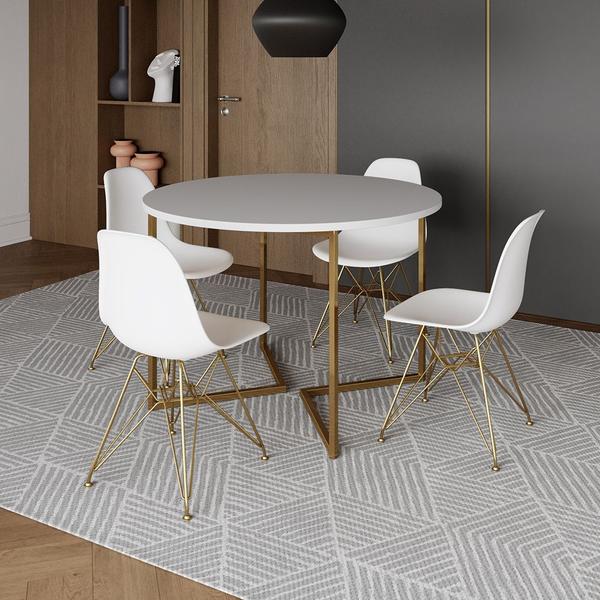 Imagem de Mesa Jantar Industrial Redonda 110cm Branca Base V Dourada com 4 Cadeiras Eames Eiffel Brancas Base 