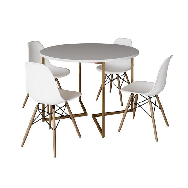 Imagem de Mesa Jantar Industrial Redonda 110cm Branca Base V Dourada com 4 Cadeiras Eames Eiffel Madeira Branc