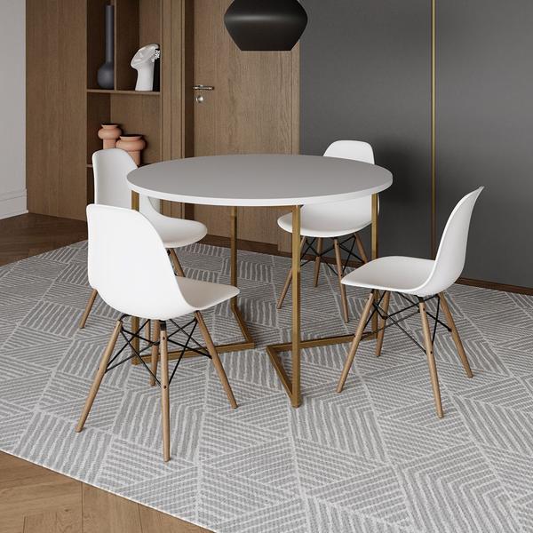 Imagem de Mesa Jantar Industrial Redonda 110cm Branca Base V Dourada com 4 Cadeiras Eames Eiffel Madeira Branc