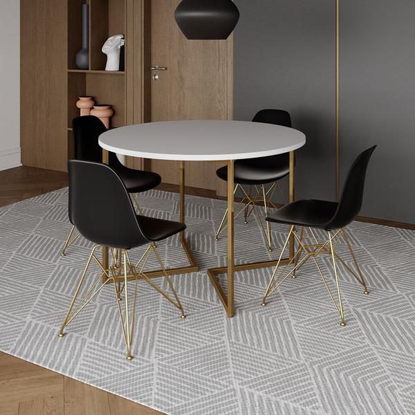 Imagem de Mesa Jantar Industrial Redonda 110cm Branca Base V Dourada com 4 Cadeiras Eames Eiffel Pretas Base D