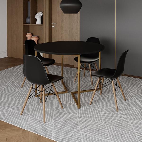 Imagem de Mesa Jantar Industrial Redonda 110cm Preta Base V Dourada com 4 Cadeiras Eames Eiffel Madeira Pretas