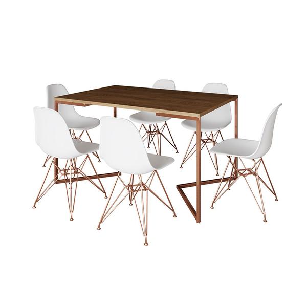 Imagem de Mesa Jantar Industrial Retangular 137x90cm Amêndoa Base V com 6 Cadeiras Eames Eiffel Brancas Base C