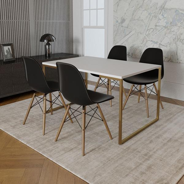 Imagem de Mesa Jantar Industrial Retangular 137x90cm Branca Base Dourada com 4 Cadeiras Eames Eiffel Madeira P