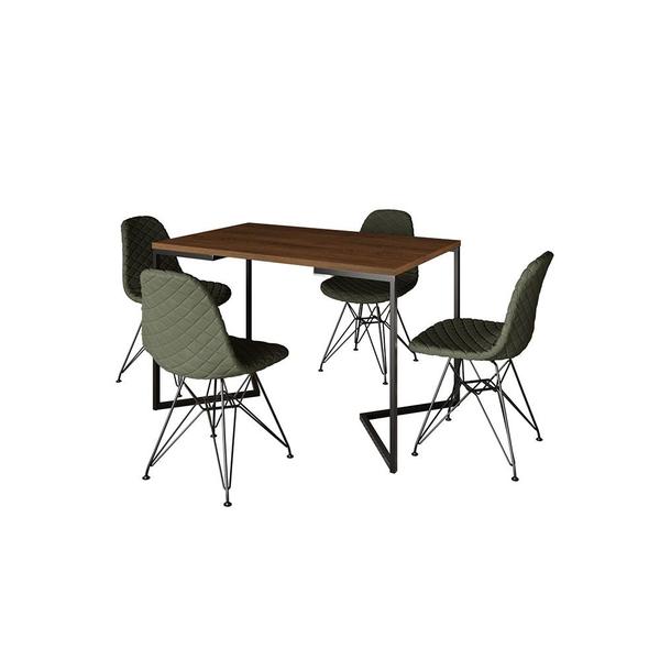 Imagem de Mesa Jantar Industrial Retangular Amêndoa 120x75 Base V com 4 Cadeiras Estofadas Verdes Aço Preto 