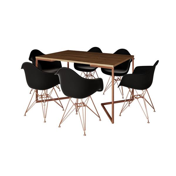 Imagem de Mesa Jantar Industrial Retangular Amêndoa 137x90cm Base V Cobre com 6 Poltronas Pretas Eames Eiffel 