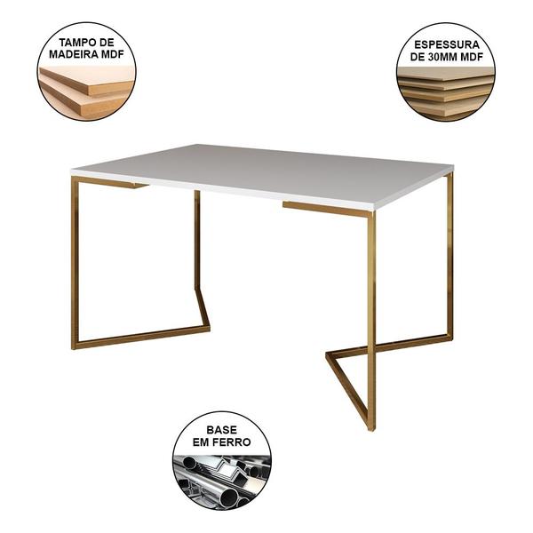 Imagem de Mesa Jantar Industrial Retangular Branca 120x75 Base V com 4 Cadeiras Estofadas Vermelha Aço Dourado