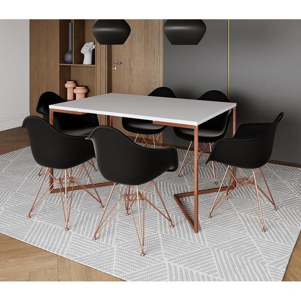 Imagem de Mesa Jantar Industrial Retangular Branca 137x90cm Base V Cobre com 6 Poltronas Pretas Eames Eiffel B