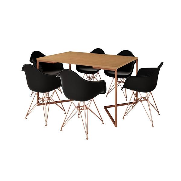 Imagem de Mesa Jantar Industrial Retangular Canela 137x90cm Base V Cobre com 6 Poltronas Pretas Eames Eiffel B