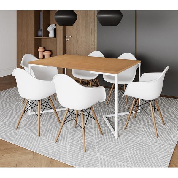 Imagem de Mesa Jantar Industrial Retangular Canela 137x90cm Base V Ferro Branco com 6 Poltronas Eiffel Branca 