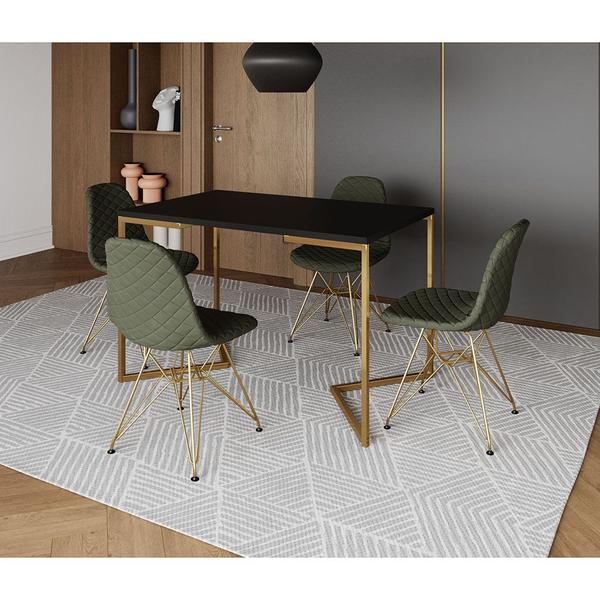 Imagem de Mesa Jantar Industrial Retangular Preta 120x75 Base V + 4 Cadeiras Estofada Eames Verdes Aço Dourado