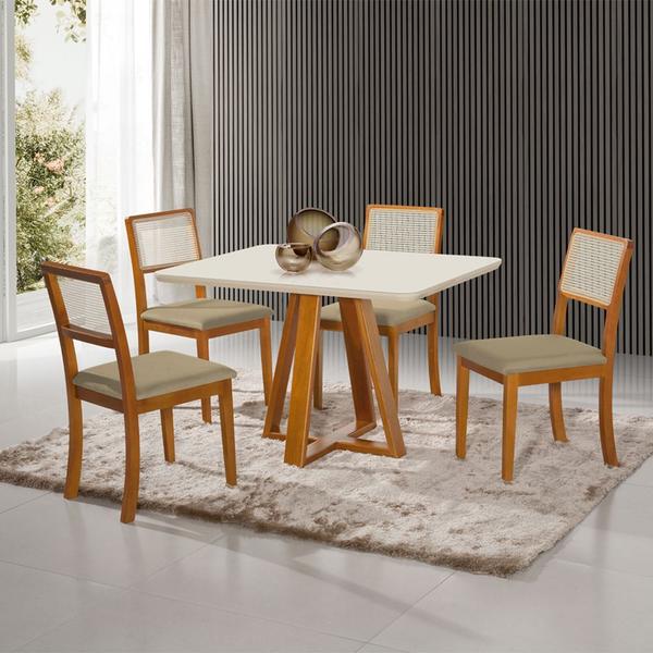 Imagem de Mesa Jantar Pérola 120x90 Off White com 4 Cadeiras Palha Veludo Bege Telinha Rubi Madeira Maciça Mel