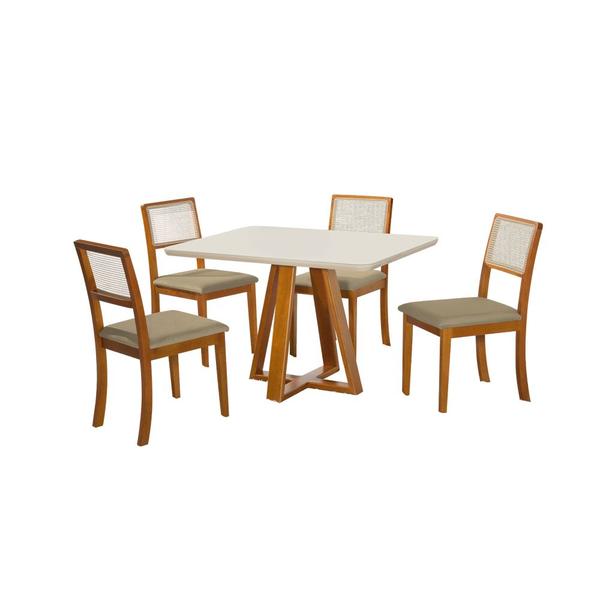 Imagem de Mesa Jantar Pérola 120x90 Off White com 4 Cadeiras Palha Veludo Bege Telinha Rubi Madeira Maciça Mel