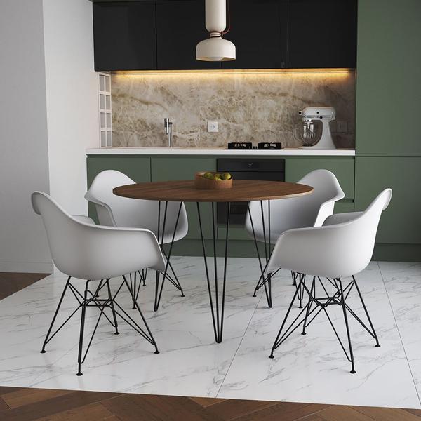 Imagem de Mesa Jantar Redonda 110cm Amêndoa Clips 3 Pés com 4 Poltronas Brancas Eames Eiffel Ferro Preto