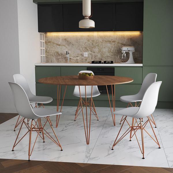 Imagem de Mesa Jantar Redonda 110cm Amêndoa Clips 3 Pés com 5 Cadeiras Eames Eiffel Brancas Base Cobre