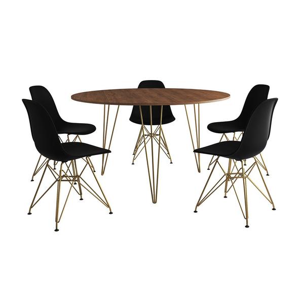 Imagem de Mesa Jantar Redonda 110cm Amêndoa Clips 3 Pés com 5 Cadeiras Eames Eiffel Pretas Base Dourada