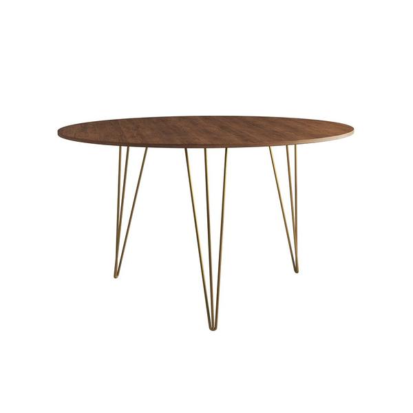 Imagem de Mesa Jantar Redonda 110cm Amêndoa Clips 3 Pés com 5 Poltronas Eames Eiffel Brancas Base Dourada