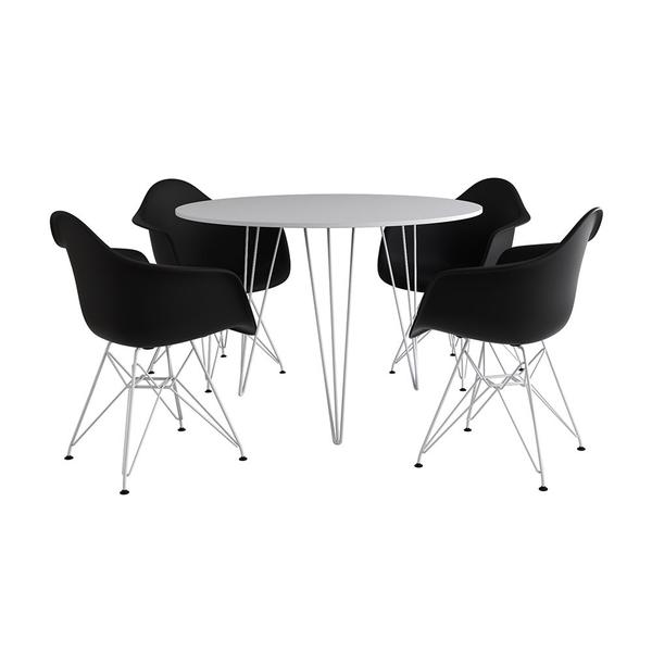 Imagem de Mesa Jantar Redonda 110cm Branca Clips 3 Pés com 4 Poltronas Pretas Eames Eiffel Ferro Branco