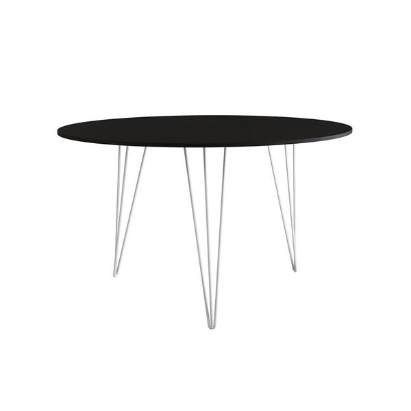 Imagem de Mesa Jantar Redonda 110cm Preta Clips 3 Pés com 5 Poltronas Eames Eiffel Pretas Ferro Branco