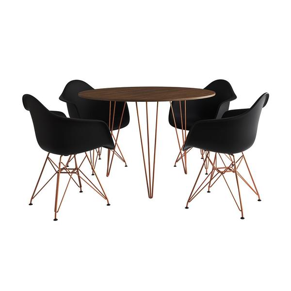 Imagem de Mesa Jantar Redonda 90cm Amêndoa Clips 3 Pés com 4 Poltronas Eiffel Eames Daw Pretas Base Cobre