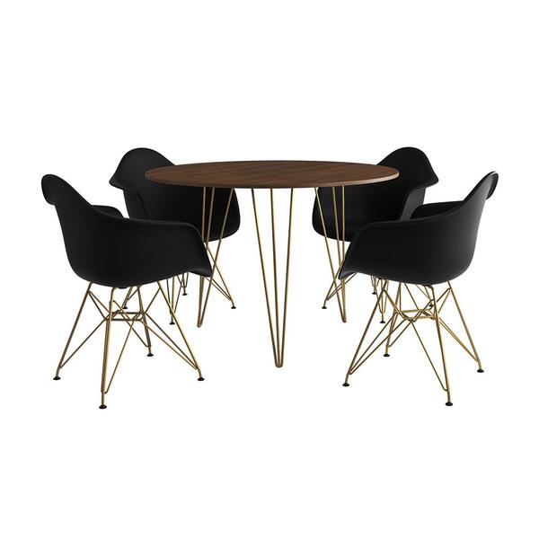 Imagem de Mesa Jantar Redonda 90cm Amêndoa Clips 3 Pés com 4 Poltronas Eiffel Eames Daw Pretas Base Dourado