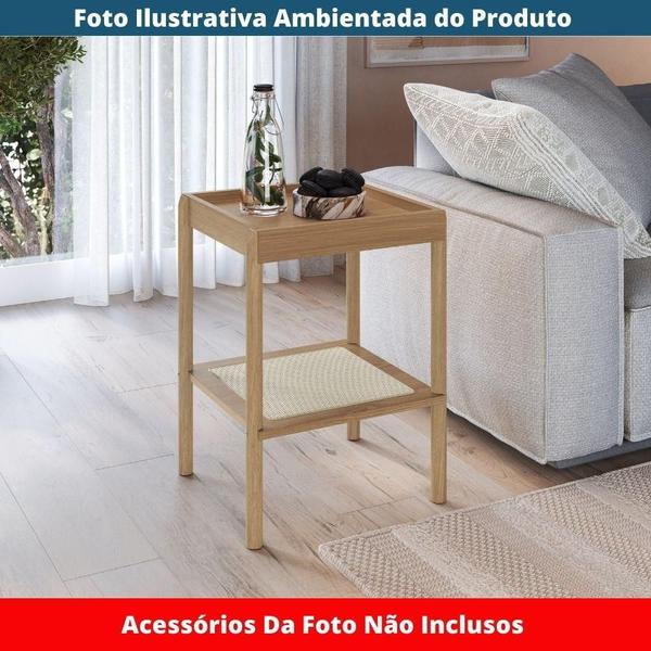 Imagem de Mesa Lateral Apoio Oslo Artesano 43 cm (largura) MDP Hanover Palha Sintética Bege Pé Madeira Maciça