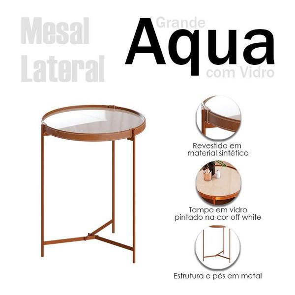 Imagem de Mesa Lateral Aqua Grande com Vidro Off White Cobre - Imcal