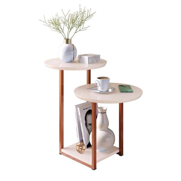 Imagem de Mesa Lateral Mesinha Sala Quarto Industrial Pés de Ferro Luiza - Off White/Rose Gold - RPM Móveis