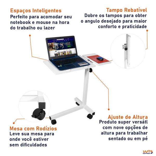 Imagem de Mesa Lateral Portátil Com Regulagem e Rodinhas Para Notebook Branca - Wp Connect