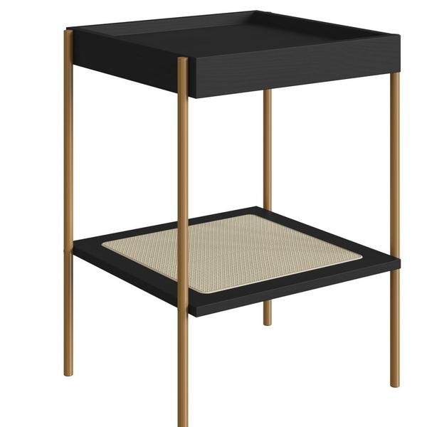 Imagem de Mesa Lateral Quadrada c/ Prateleira  43cm Palhinha Pé Metal Oslo Artesano  Nero/Dourado