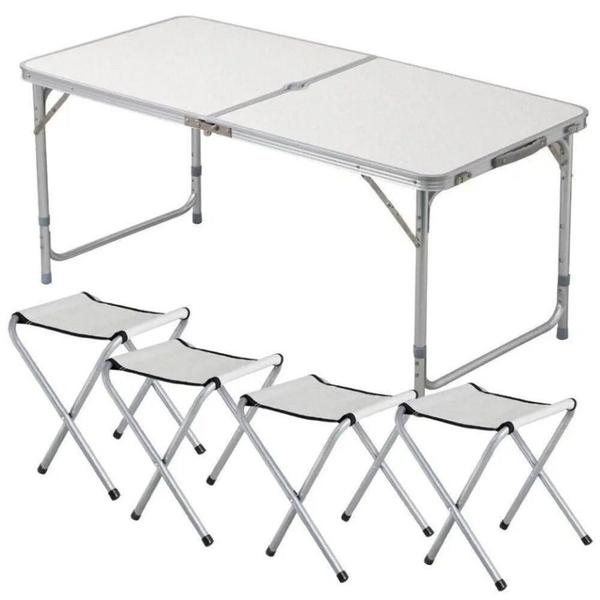 Imagem de Mesa maleta dobravel em aluminio com 4 cadeiras portatil grande 120x60cm altura ajustavel camping praia com banquinhos b