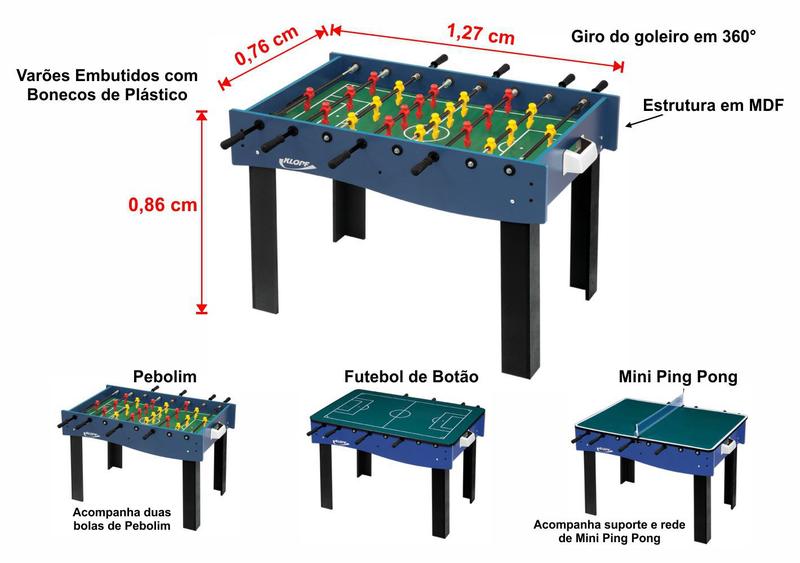 Mesa Multi Jogos 3 x 1 Pebolim, Ping Pong e Futebol de Botão Klopf 1058 Galera Imagem de Mesa Multi Jogos 3 x 1 Pebolim, Ping Pong e Futebol de Botão Klopf 1058 Galera
