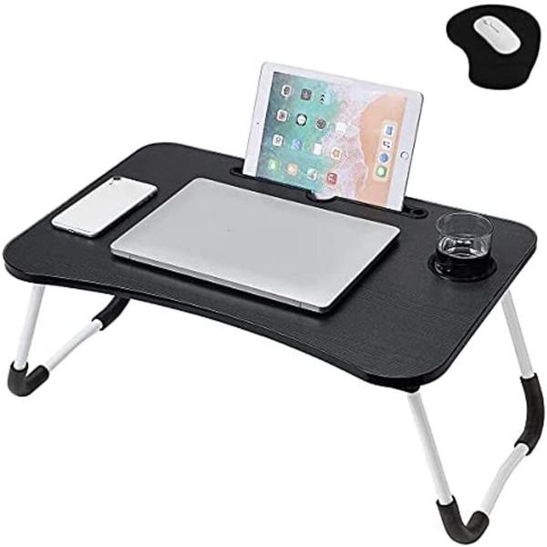 Imagem de Mesa notebook dobravel home office bandeja sofa cama multiuso suporte porta copo preto