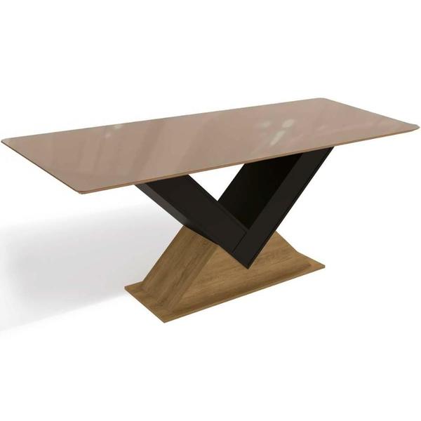 Imagem de Mesa p/ Cozinha Amora c/ Tampo Madeirado c/ Vidro 160x90cm Freijo/Bronze - Kappesberg