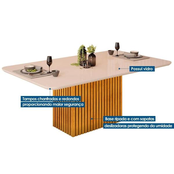 Imagem de Mesa p/ Cozinha Canes c/ Tampo Madeirado c/ Vidro Curvo 200x100cm Cedro/Off White - DJ Móveis