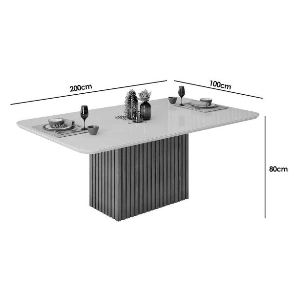 Imagem de Mesa p/ Cozinha Canes c/ Tampo Madeirado c/ Vidro Curvo 200x100cm Cedro/Off White - DJ Móveis