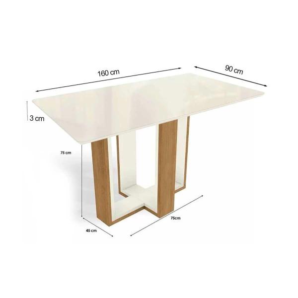 Imagem de Mesa p/ Cozinha Centella c/ Tampo Madeirado c/ Vidro 90x160cm Freijó/Off White - Kappesberg