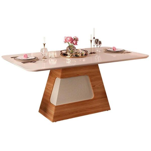 Imagem de Mesa p/ Cozinha Dala Tampo Madeirado c/ Vidro Curvo 180x90cm e 6 Cadeiras Diana Freijo/Off White - Ipe/Suede Lunar - DJ Móveis