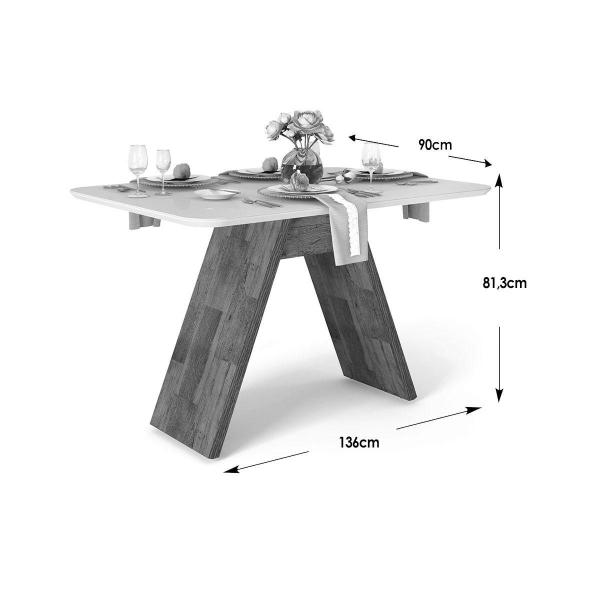 Imagem de Mesa p/ Cozinha Fit c/ Tampo Madeirado c/ Vidro Curvo 136x90cm Rústico Terrara/Off White - DJ Móveis