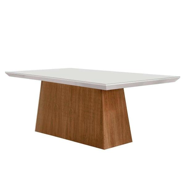 Imagem de Mesa p/ Cozinha Luna c/ Tampo 180x90cm Flex Madeirado Vidro Canto Curvo - Imbuia/Ripado 3D/Off White - Rufato