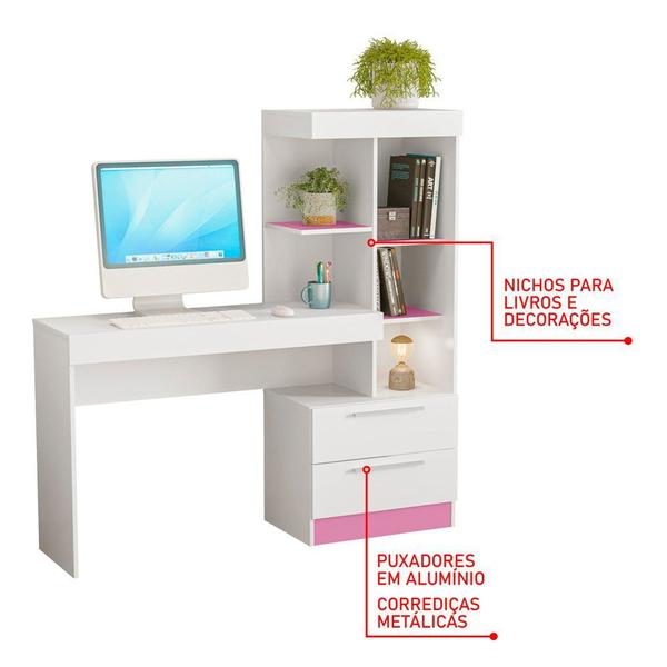 Imagem de Mesa Para Computador Escrivaninha Home Office Estudos 2 Gavetas Escritório Quarto Branco e Rosa Flex