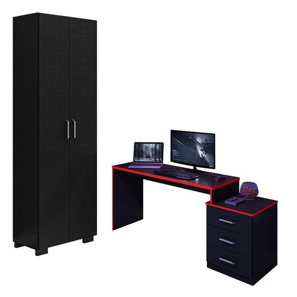 Imagem de Mesa para Computador Gamer DRX 5000 e Livreiro Office com Portas Grandes Preto Trama Vermelho - Móveis Leão